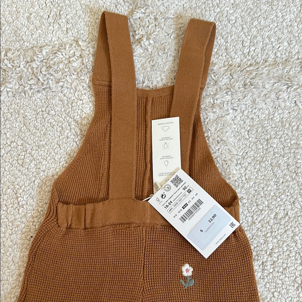 Zara Brown Knit Kids Overalls with Floral Embroidery NWT 18-24 months - Picture 3 of 3